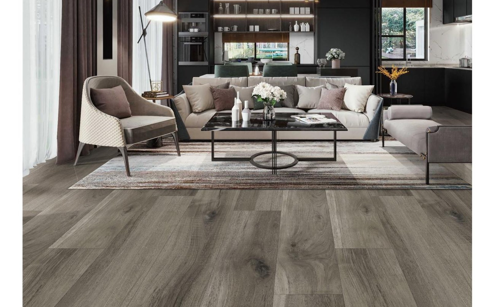Grey wood flooring in a living room